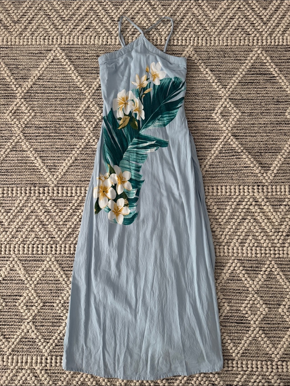 Sky Blue Floral Halter Maxi Dress with Tropical Print